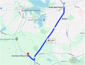 A Google Maps screenshot shows that it takes 5 minutes to drive from the site of the fire to Iron Horse's new location in Sherborn.
