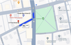 A Google Maps screenshot shows that it is 290 feet, or a one-minute drive, from the site of the fire to the reading room's new location.