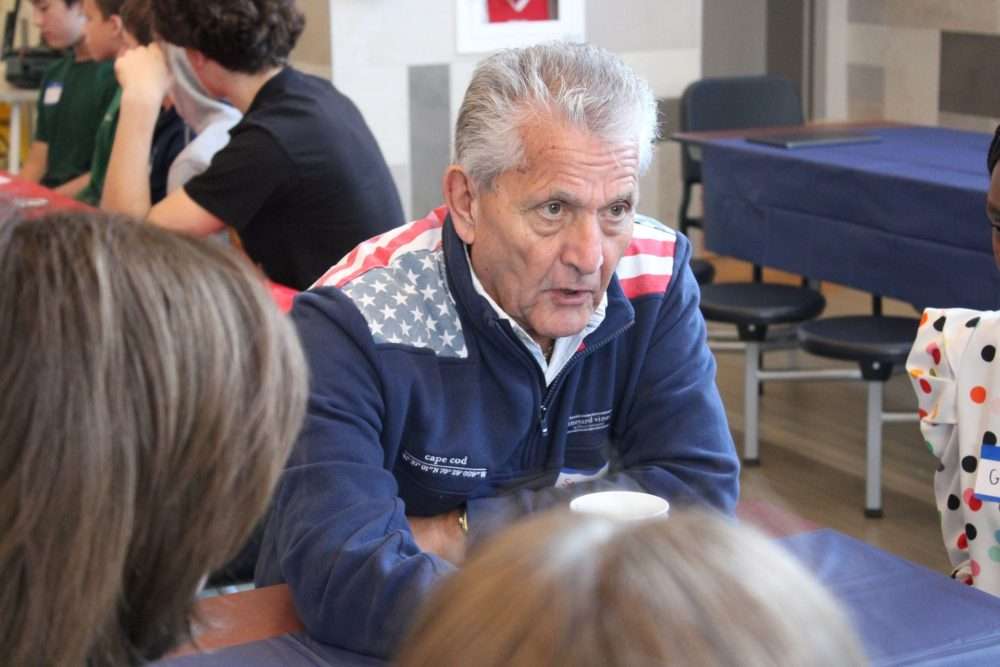 Sam Pappas shares stories of his experiences as a veteran to eighth-graders at Kennedy Middle Schoolduring the annual Veterans Breakfast on Nov. 7.