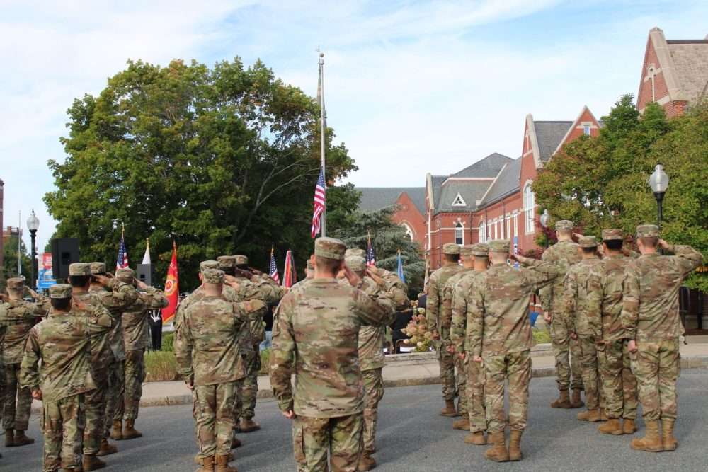 Personnel from the Soldier Systems Center salute during observances marking the 25 thanniversary of the terrorist attacks on Sept. 11, 2001.